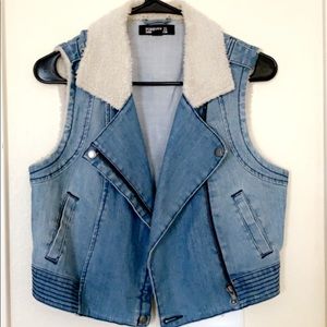 Women's Lamb Lined Denim Vest Jean Jacket